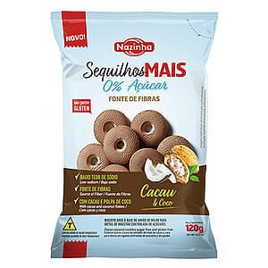Sequilho Zero Açúcar Cacau e Coco Mais Fibras 120g
