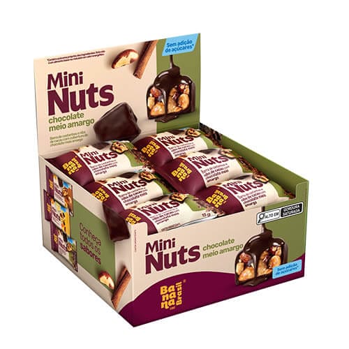 Barra de Castanhas Mini Nuts Meio Amargo Sem Açúcar Caixa com 22un de 15g